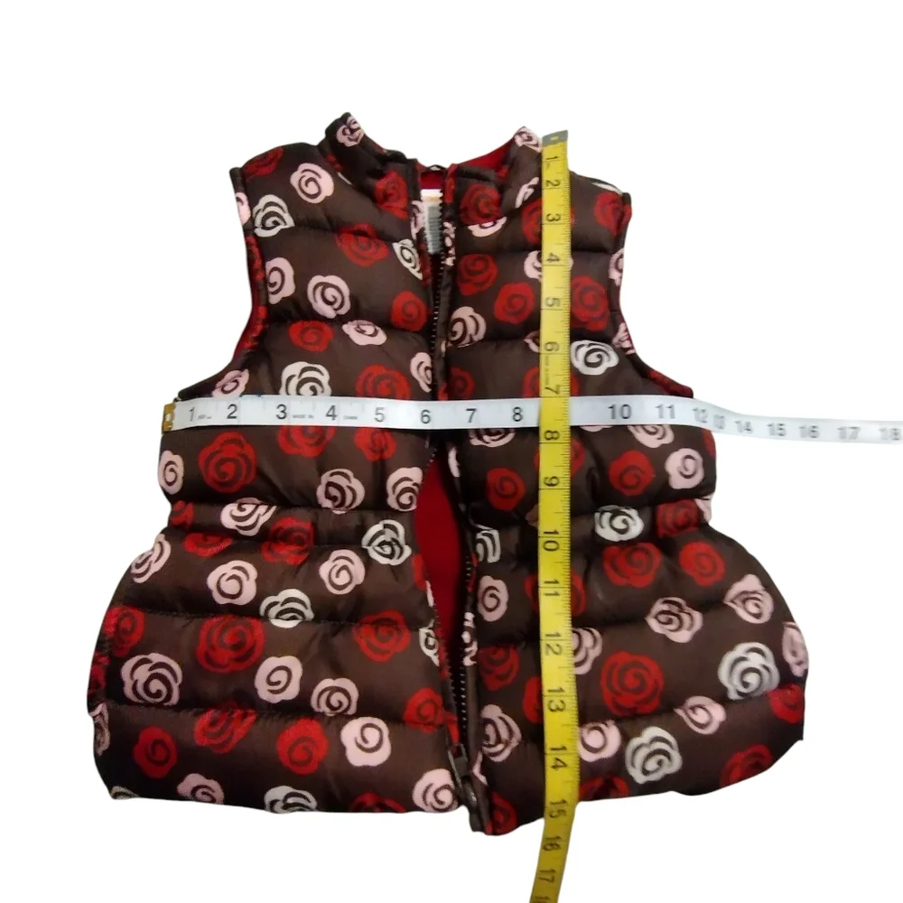 💚 GUC Gymboree Brown Floral Puffer Vest with Red and Pink Roses XS 3-4